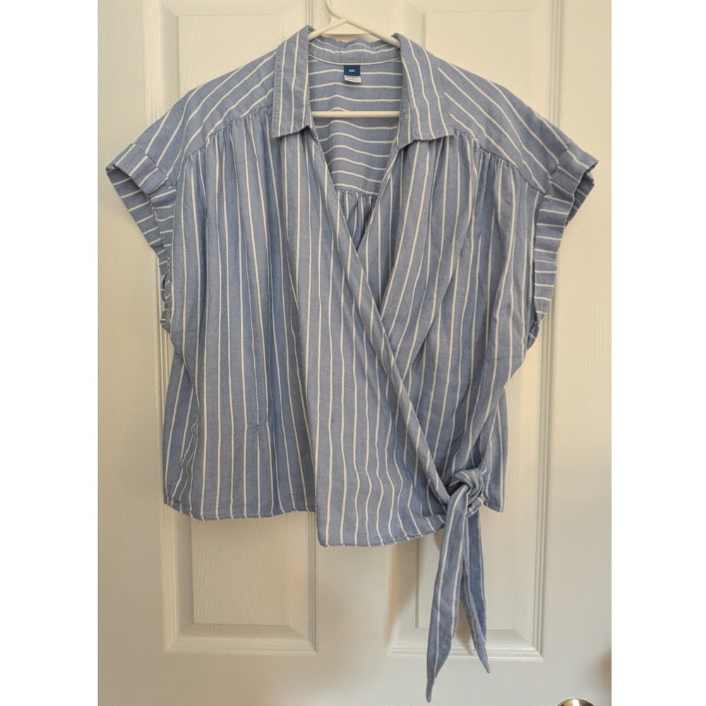 Old Navy Womens XXL Blue White Striped Wrap Top Short Sleeve Side Tie Blouse